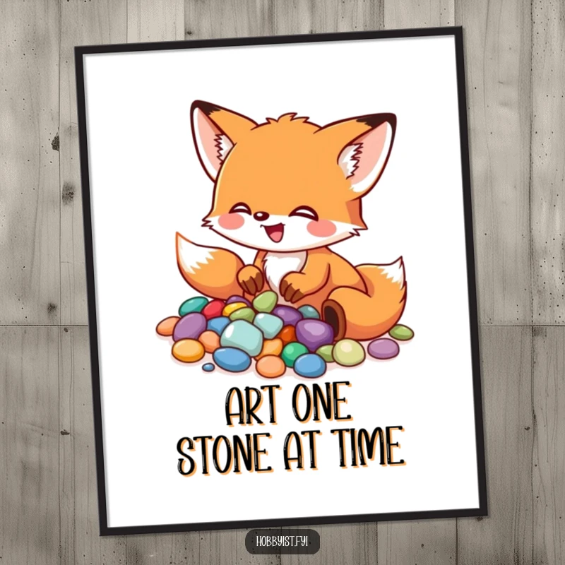 Funny Fox Poster: A little fox excitedly arranges colorful pebbles into a mosaic, showcasing artistic dedication and vibrant colors, a great funny gift.