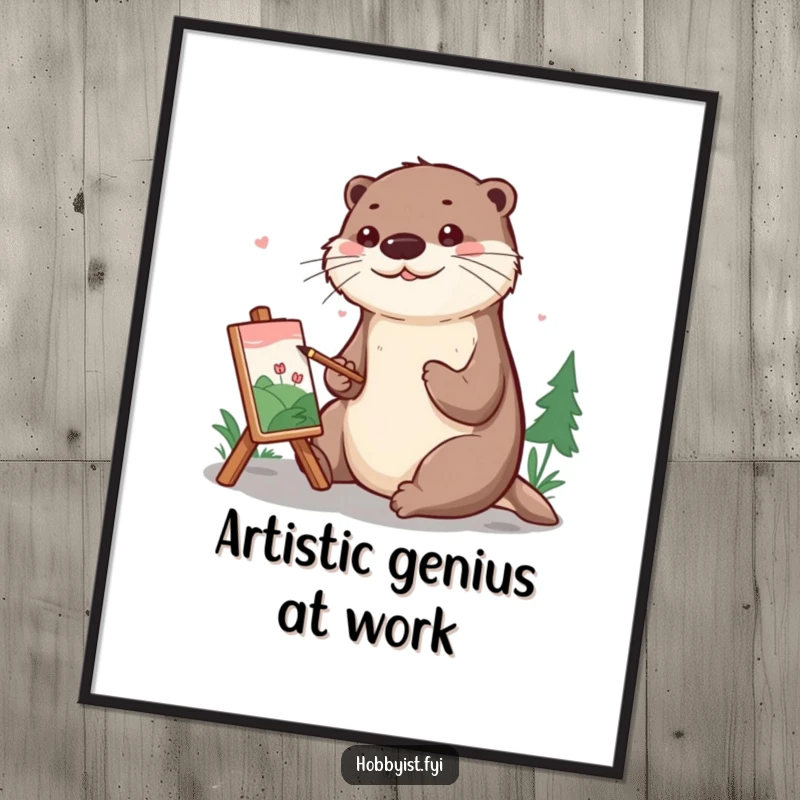 Funny Poster showcasing a cheerful otter meticulously painting a miniature landscape, adding a touch of artistic whimsy to walls.