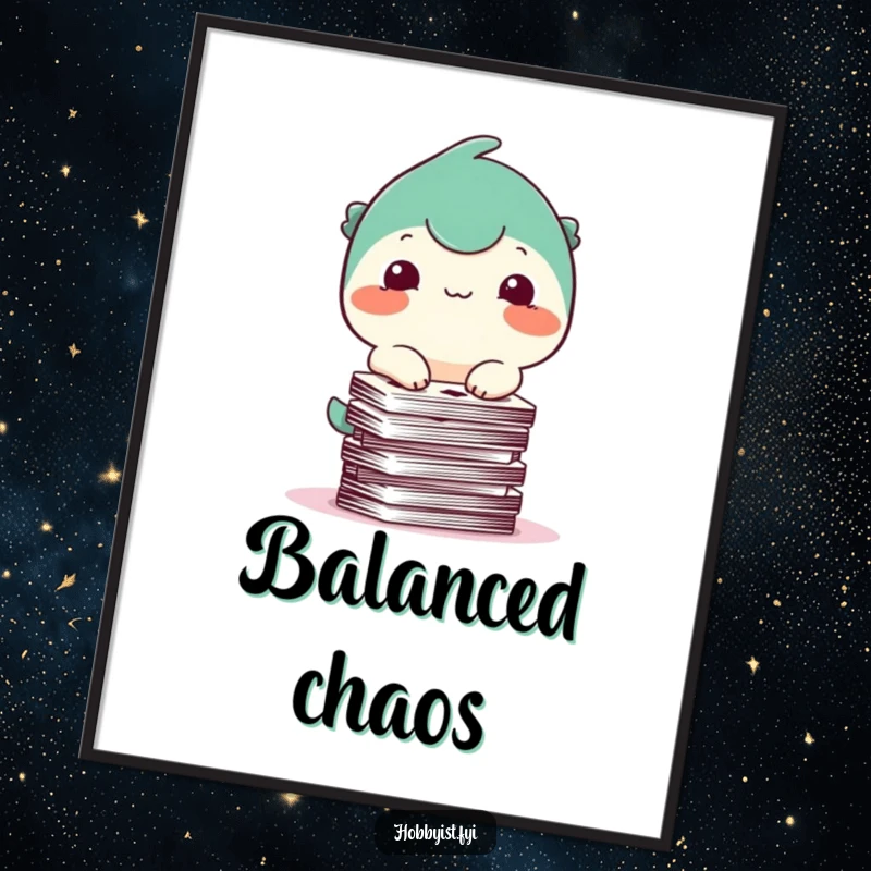 Funny Poster: A happy creature with a small smile amusingly tries to balance a stack of playing cards, creating a comical scene.