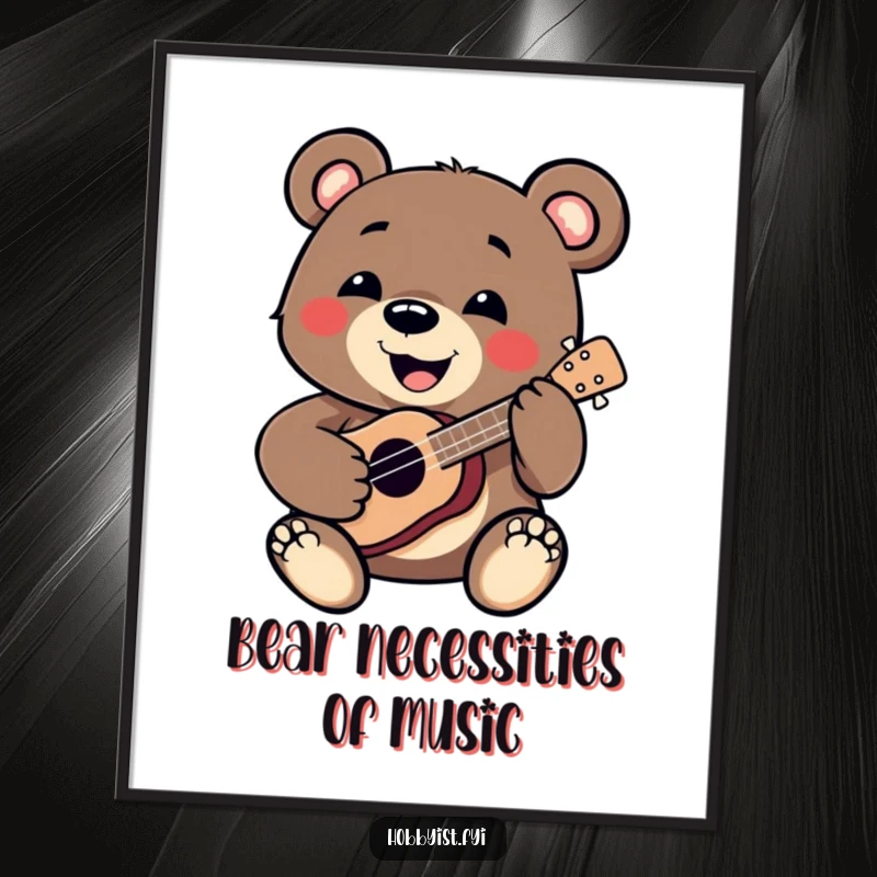 Funny Bear Poster: A smiling bear enthusiastically plays a miniature ukulele, creating a cheerful and musical scene, ideal for a funny gift.