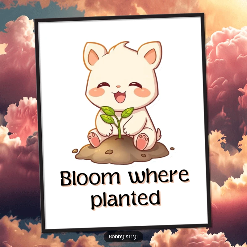 Funny poster of a joyful creature with small paws planting a tiny, glowing sapling, emitting a soft, magical light