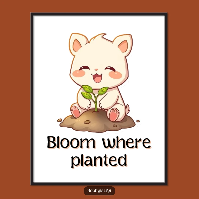 Funny Glowing Sapling Poster: Joyful Creature Planting Hope, Whimsical Wall Art Gift