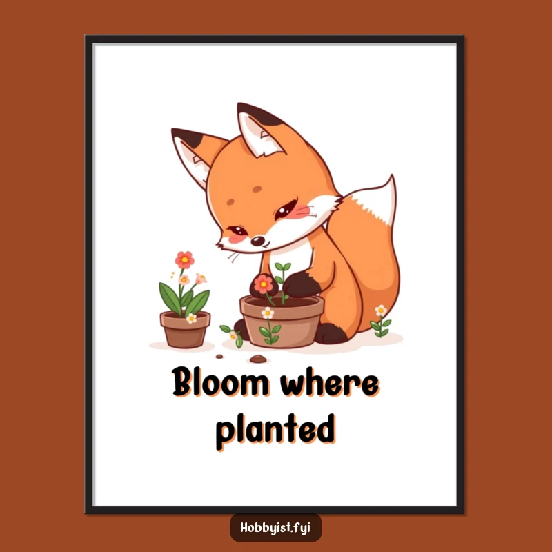 Funny Fox Garden Poster: Kawaii Plant Art Print, Delightful Funny Gift