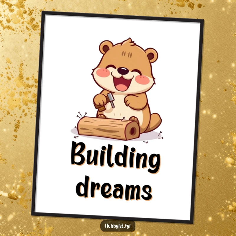 Funny Kawaii beaver poster, featuring an excited beaver hammering tiny nails into a miniature wooden structure, adding industrious art.