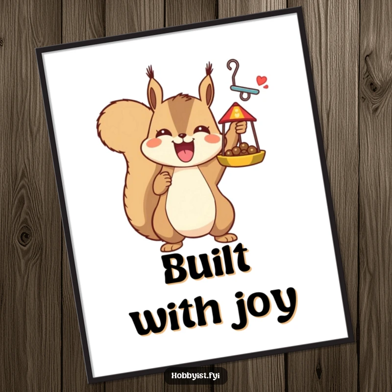 Funny joyful squirrel triumphantly holding a completed intricate bird feeder, displayed as a poster, humorous art for gifts.