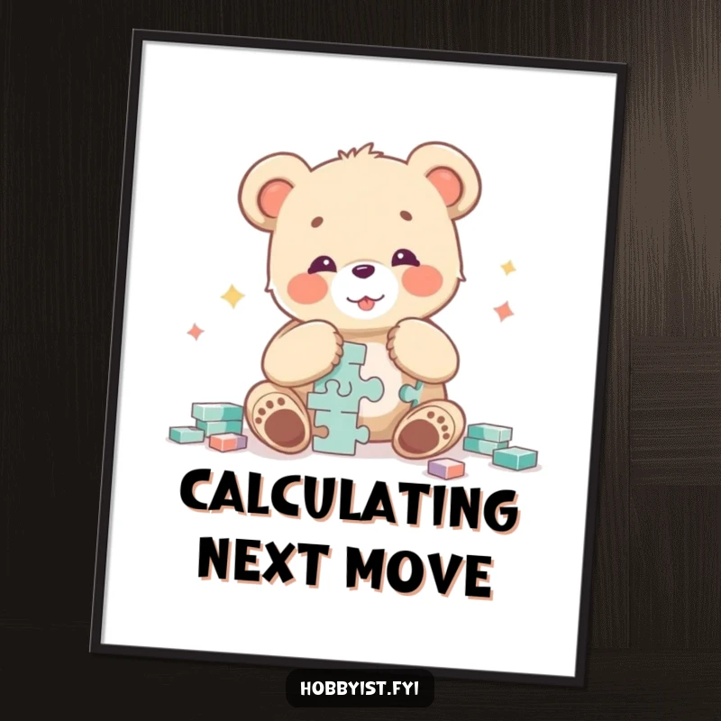 Funny bear cub character sitting happily, intently focused on assembling a complex jigsaw puzzle, displayed as vibrant wall art.