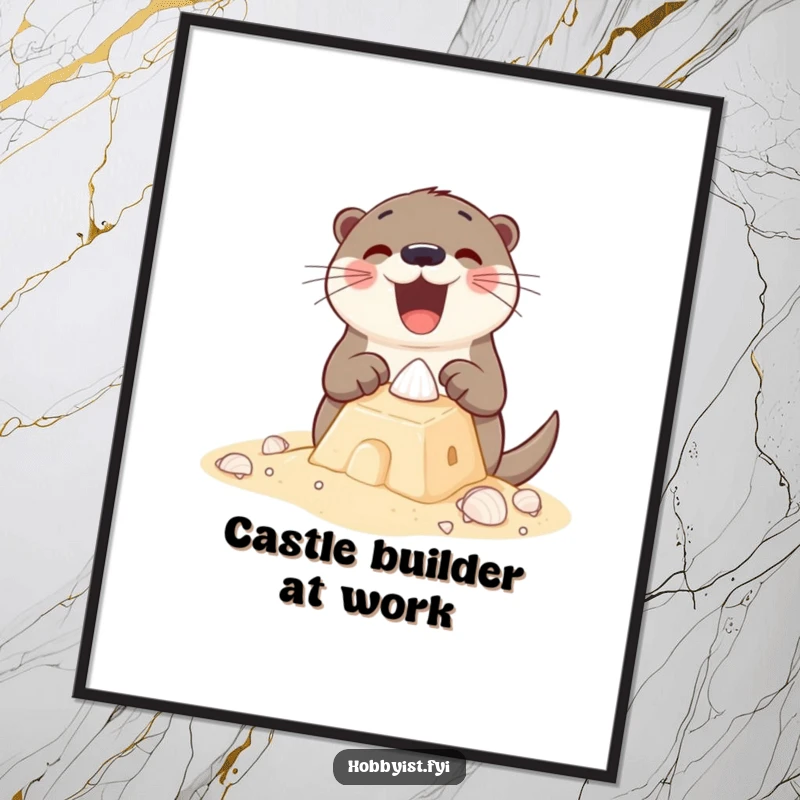 Funny Poster of an excited otter building a sandcastle with tiny shells, creating a charming piece of beach-themed wall art.