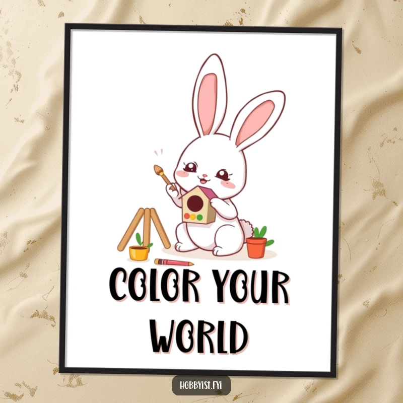 Funny Poster of a cute kawaii bunny artist enthusiastically painting a miniature, colorful birdhouse, bringing vibrant art energy.