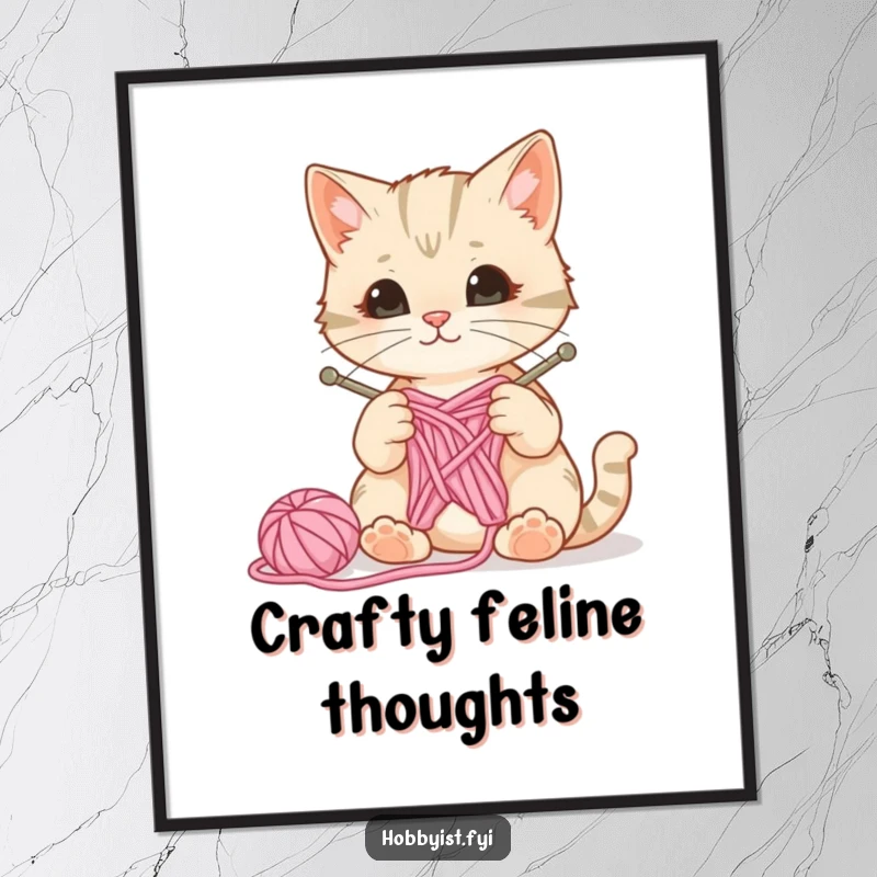 Funny poster print of a curious cat playing with knitting needles and yarn, a ball of wool bouncing, perfect for craft room decor.