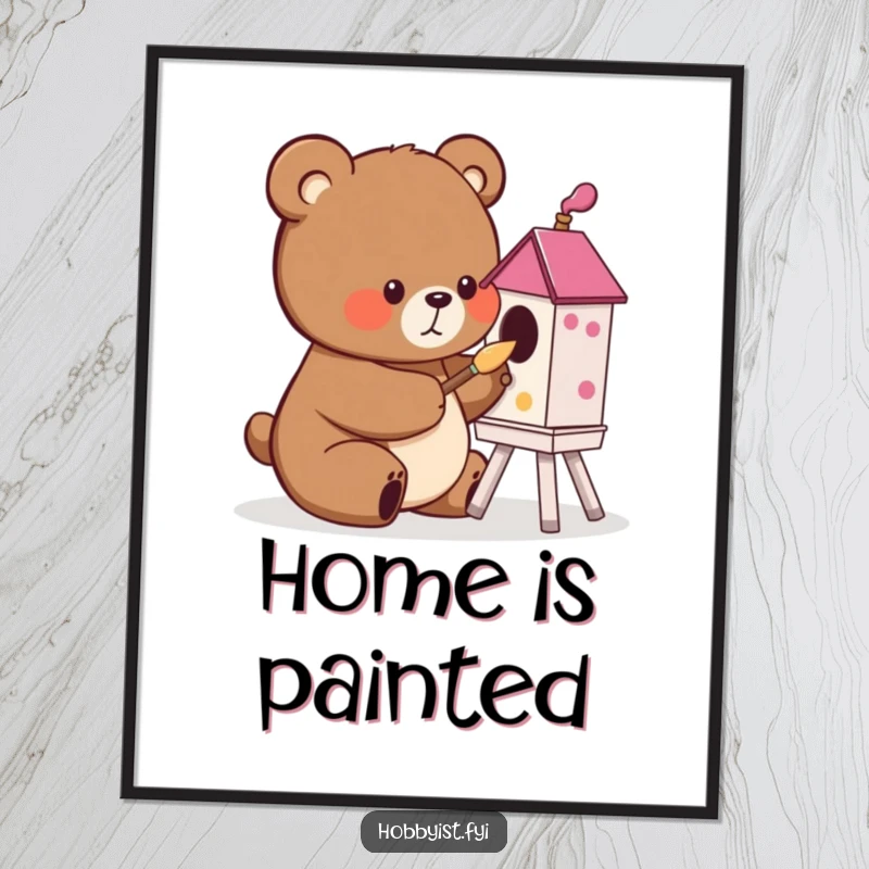 Funny cute bear happily painting a vibrant birdhouse with a tiny brush, displayed as a poster, humorous art for gifts.