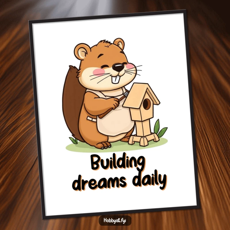 Funny beaver poster with apron, happily hammering a miniature birdhouse, spreading cheerful, hilarious DIY vibes.