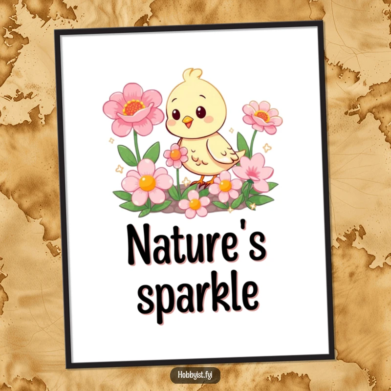 Funny happy bird in a garden with oversized, sparkling flowers, creating a cheerful and humorous poster.