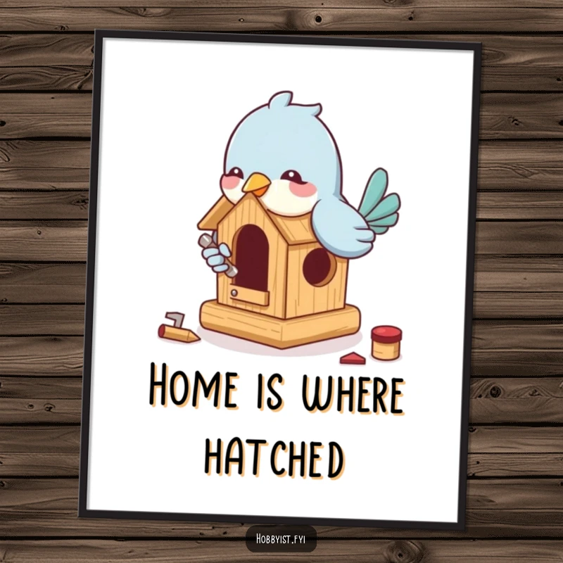 Funny Birdhouse Building Poster: A playful bird enthusiastically builds a miniature birdhouse with tiny tools, bringing humorous construction art to any room.