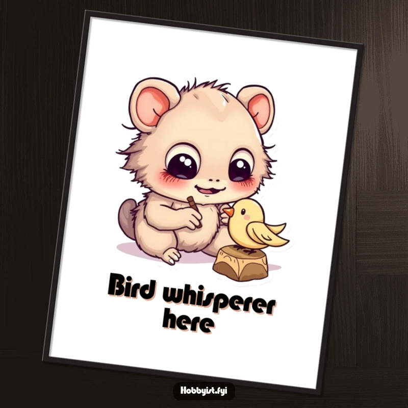 Funny cheerful creature with large eyes diligently carving a tiny wooden bird, a charming art poster for craft lovers.