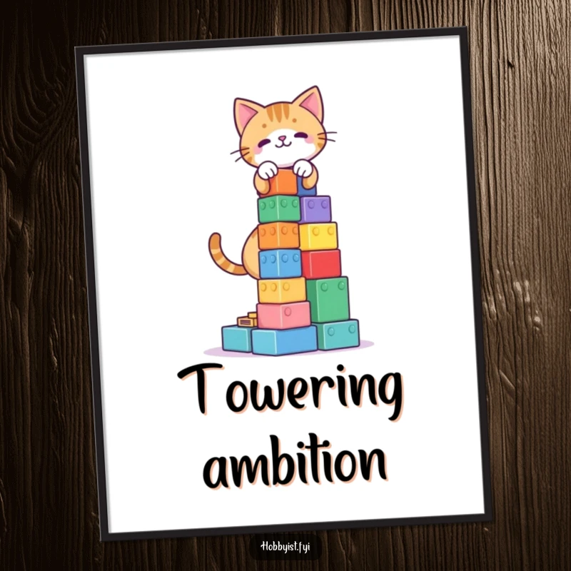 Funny Cat Blocks Tower Poster: A playful cat joyfully builds a tall tower of colorful blocks, adding humorous decor.
