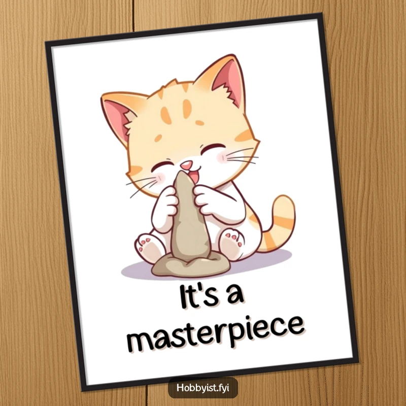 Funny cat sculpting poster featuring a playful cat molding a clay figure, capturing a moment of artistic focus and whimsical charm.