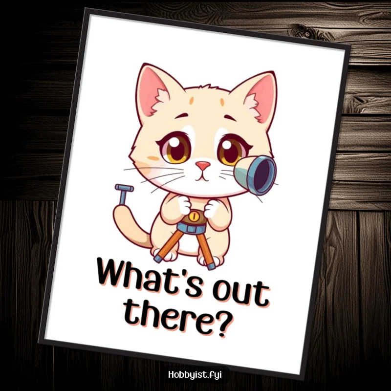Funny, curious cat with wide, amazed eyes peering into a telescope, displayed as a vibrant poster, perfect for themed decor.