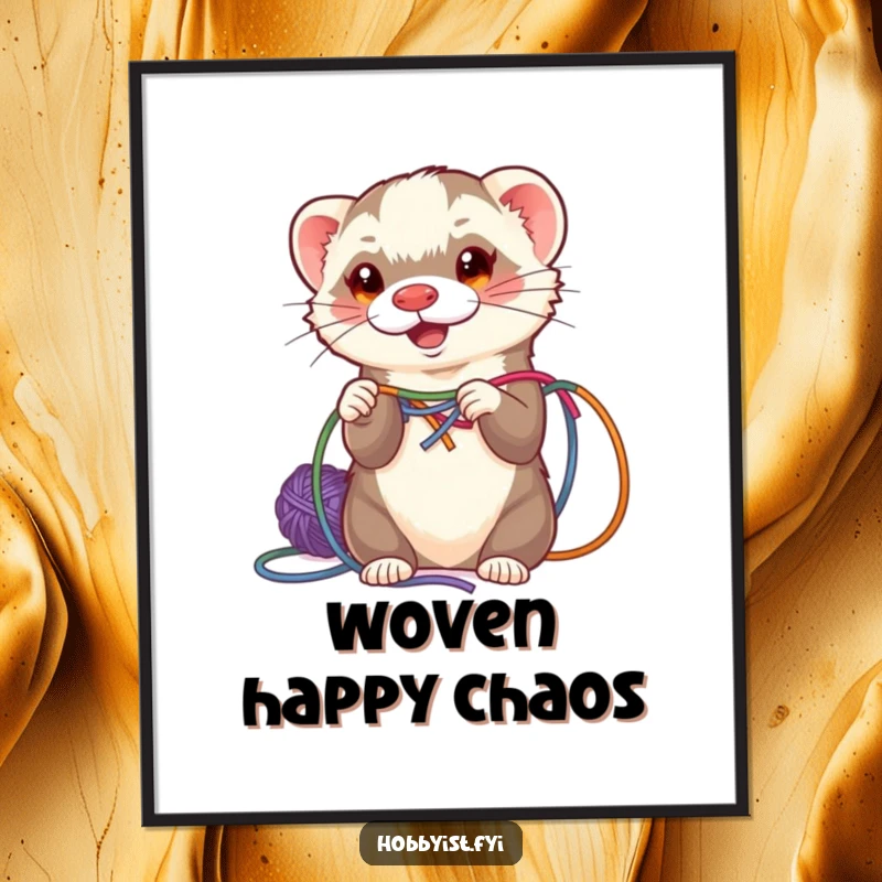 Funny energetic ferret weaving colorful yarn, displayed as vibrant wall art poster, adding a creative touch.