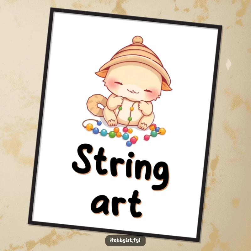Funny Focused Creature Poster: a creature wearing a tiny hat carefully stringing colorful beads onto a delicate thread, a peaceful funny gift.
