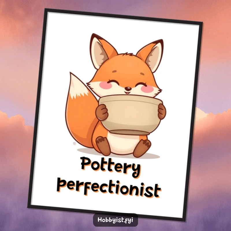 Funny poster print of a happy fox triumphantly displaying a handmade ceramic pot, adding artistic charm to any wall.