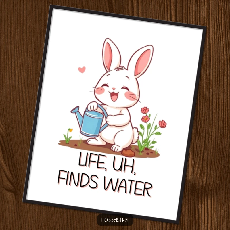 Funny gardening rabbit poster featuring a happy bunny with a watering can, celebrating the joys of gardening with vibrant, humorous illustration.