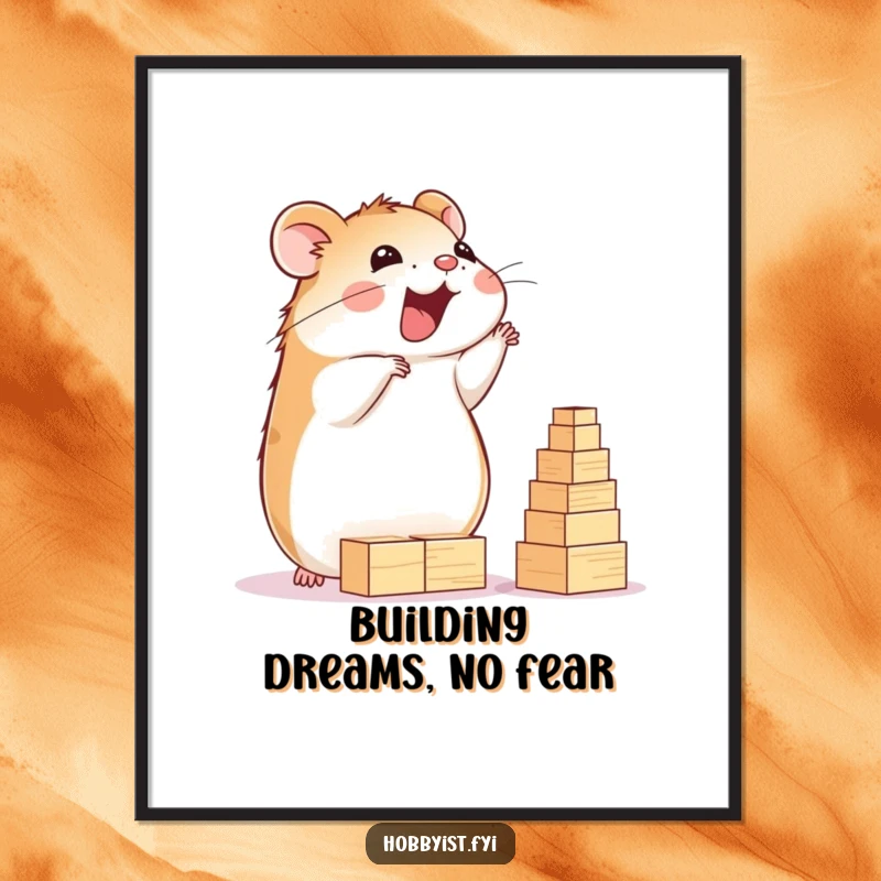 Funny Hamster Poster: A delighted hamster happily builds a towering structure of tiny wooden blocks, showcasing architectural dreams, a great funny gift.
