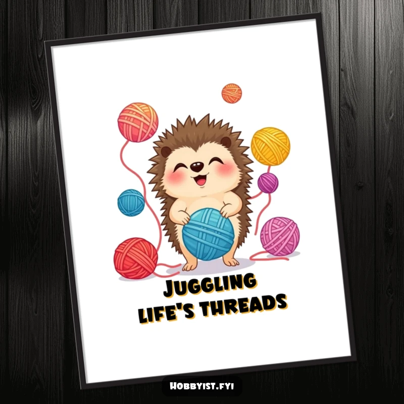 Funny Poster featuring a giggling hedgehog juggling colorful yarn balls, bringing playful energy and charm to walls.