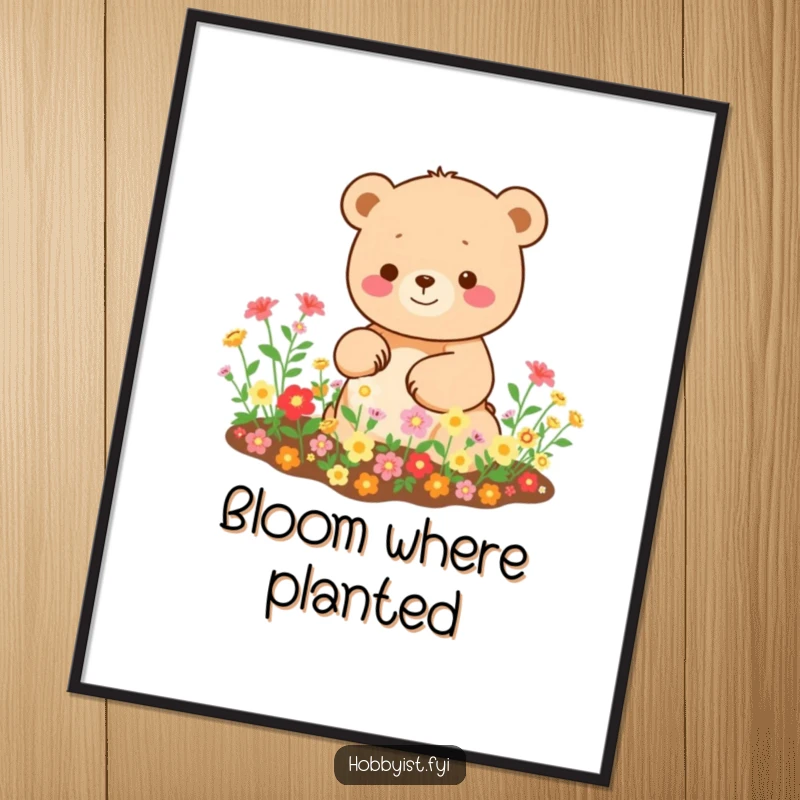 Funny Kawaii bear poster, depicting a happy bear tending a miniature garden with tiny, bright blooms, adding cheerful decor.