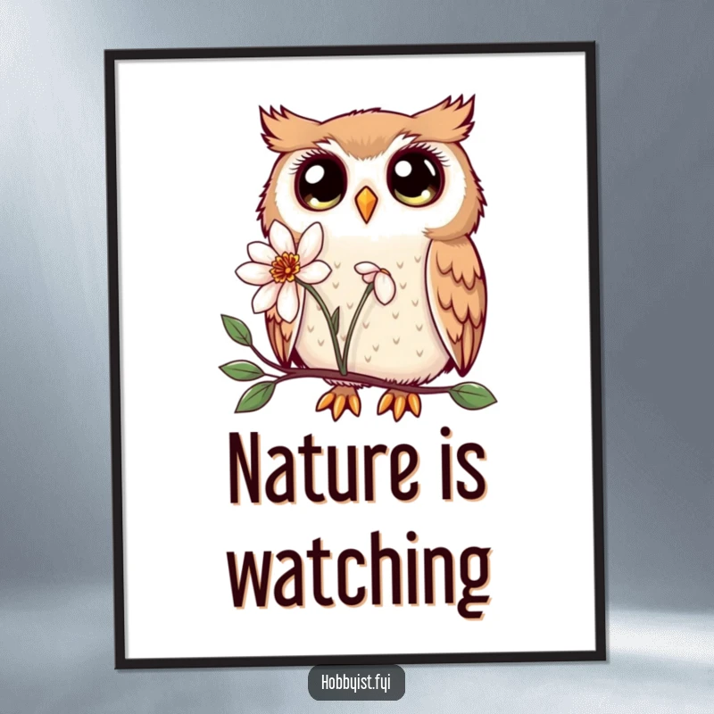 Funny Kawaii owl poster, with enchanting eyes, curiously examining a delicate flower, adding cute and whimsical art to any space.