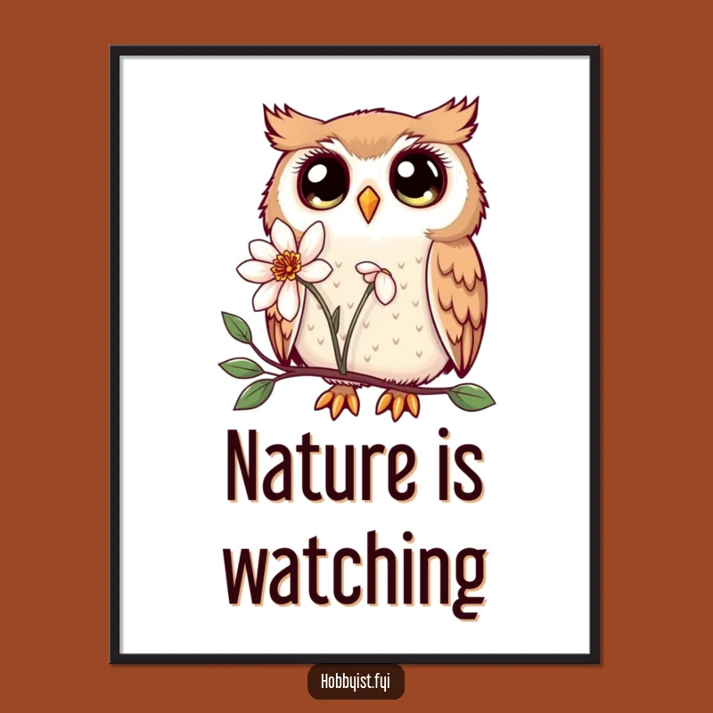 Funny Kawaii Owl Poster: Enchanting Eyes, Delicate Flower Art Gift