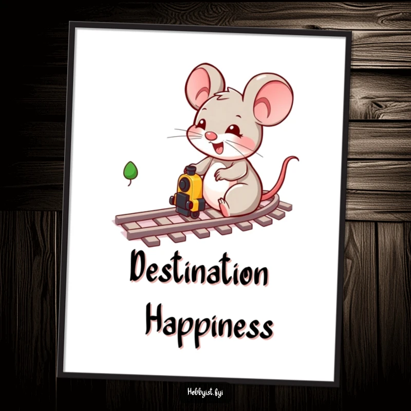 Funny, joyful mouse character playing with a detailed miniature train track layout, captured in a vibrant wall art poster.