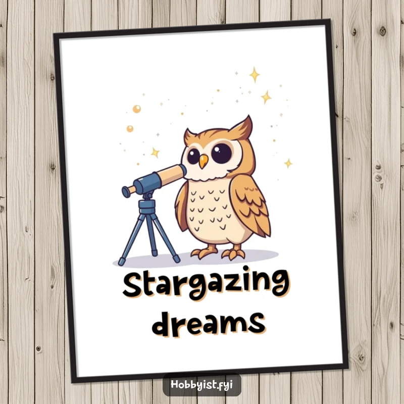 Funny Owl Poster depicts a proud owl gazing through a telescope at a beautiful starry sky, inspiring wonder.