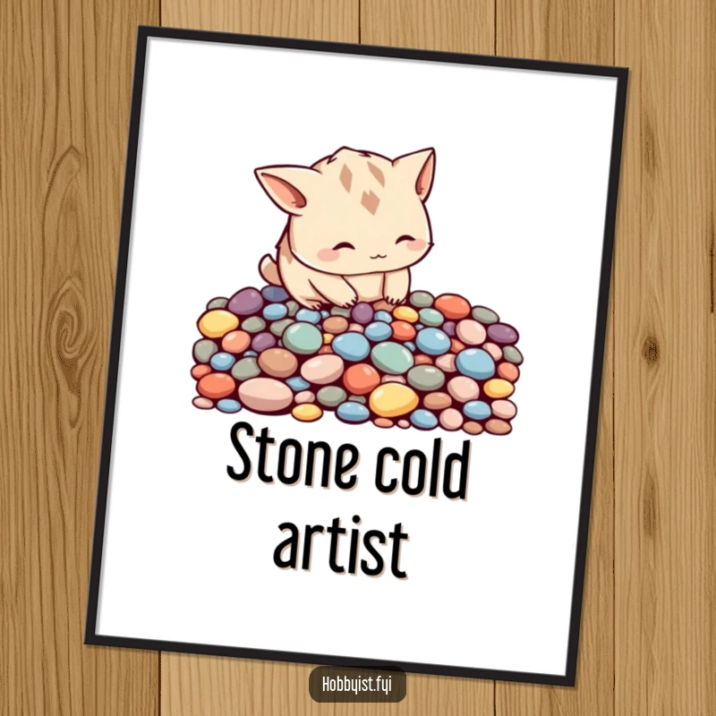 Funny curious creature with pointy ears meticulously arranging colorful pebbles into a pattern, a mindful art poster.