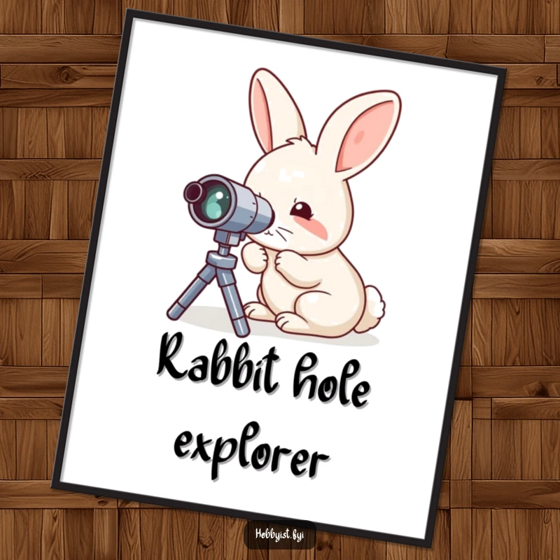 Funny poster print of a curious rabbit meticulously examining a miniature telescope, adding a touch of cosmic charm.