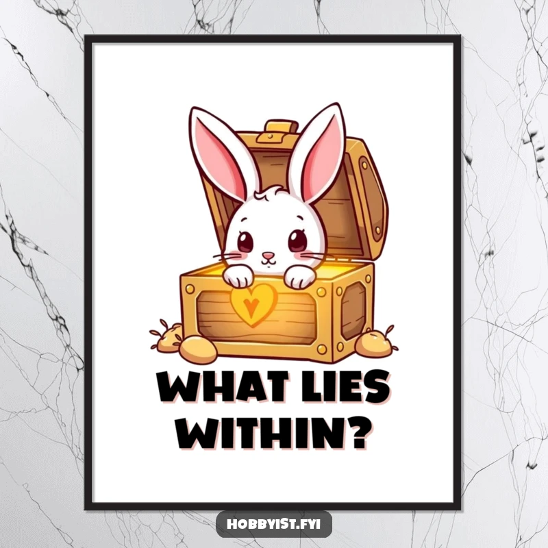 Funny Rabbit character peeking into a mysterious, glowing treasure chest, evoking a sense of wonder, displayed as a poster.