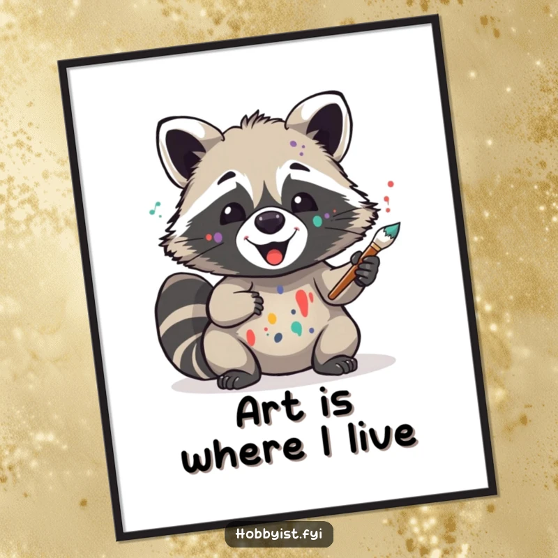 Funny poster print of a delighted raccoon artist covered in paint splatters, holding a brush, adding a humorous and creative touch to any wall.