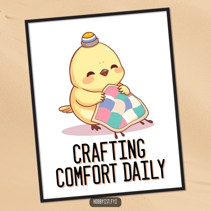 Funny Hazelnut Poster featuring a small bird with a thimble on its head, happily sewing a miniature quilt, a scene of focused artistry.