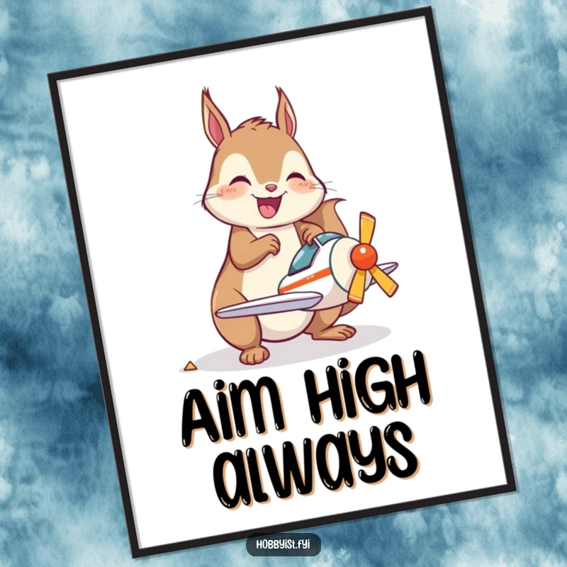 Funny Poster of a joyful kawaii squirrel happily assembling a miniature model airplane, bringing intricate detail and fun.