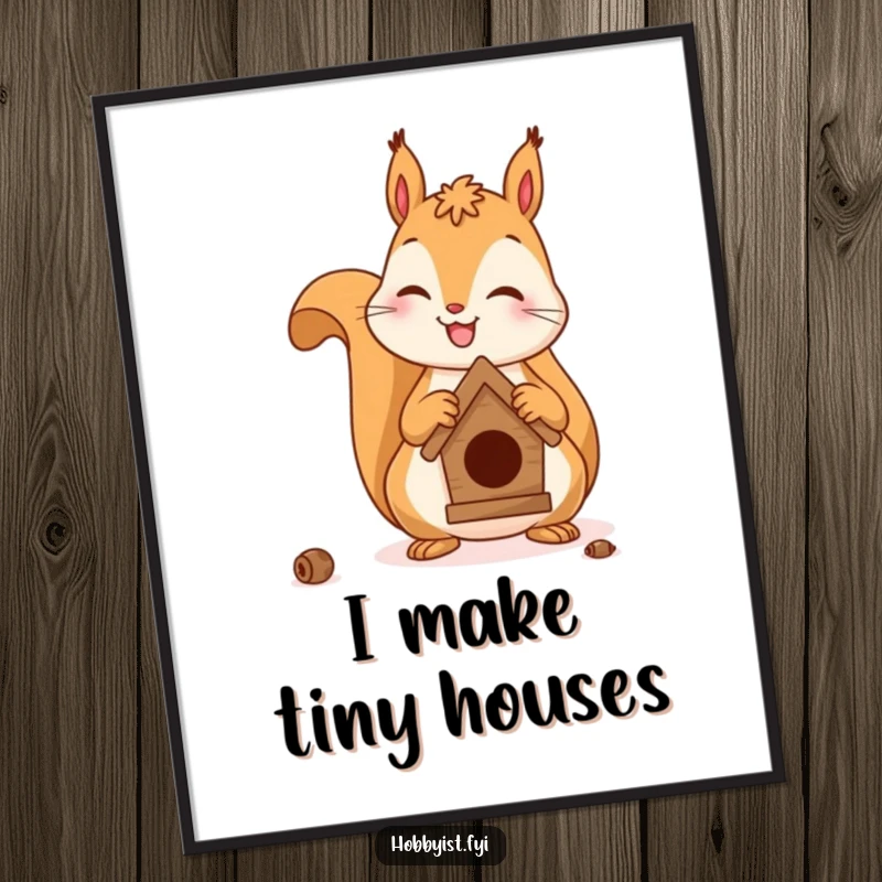 Funny poster of an enthusiastic squirrel diligently crafting a tiny, detailed birdhouse, conveying a sense of happy creation.