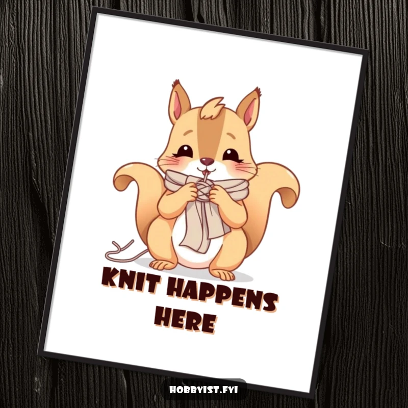Funny poster featuring a cheerful squirrel knitting a tiny scarf with yarn, adding cozy and whimsical charm to wall decor.