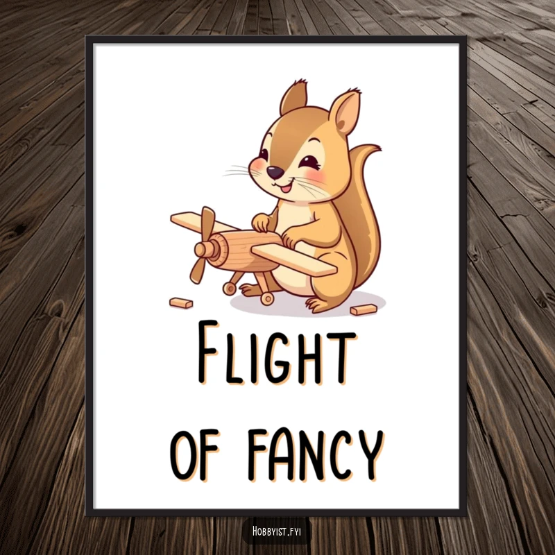 Funny Poster of a happy squirrel meticulously assembling a small wooden model airplane, creating charming hobby-themed wall art.
