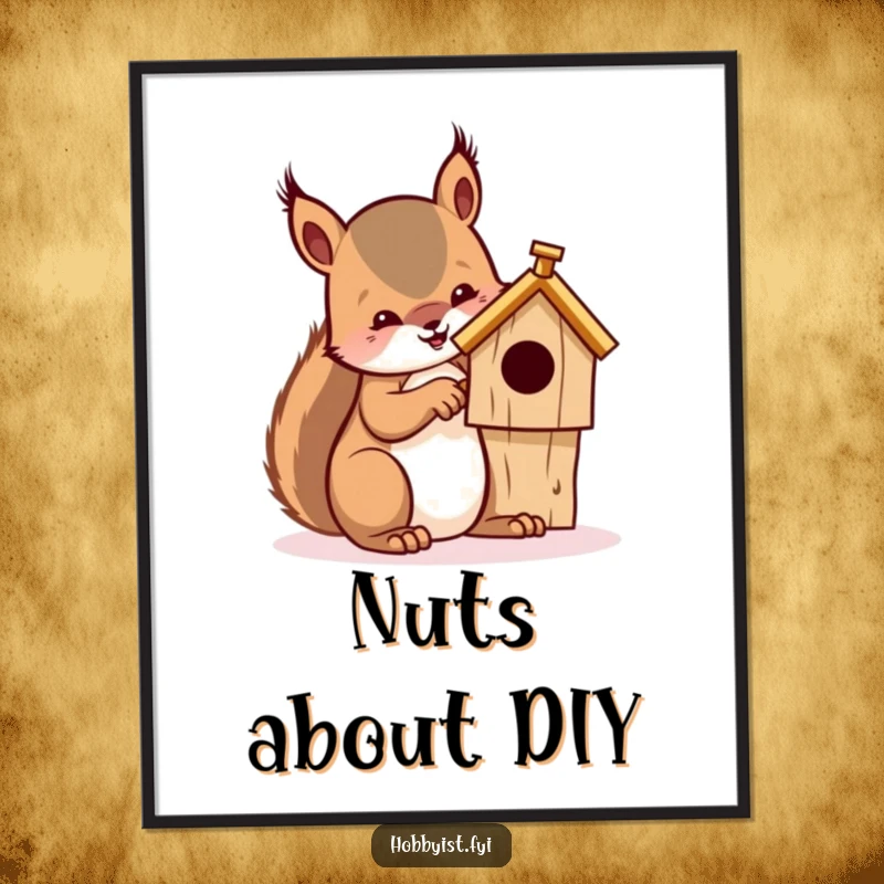 Funny poster print of a squirrel concentrated on whittling a small, intricate wooden birdhouse, adding charm to any room.