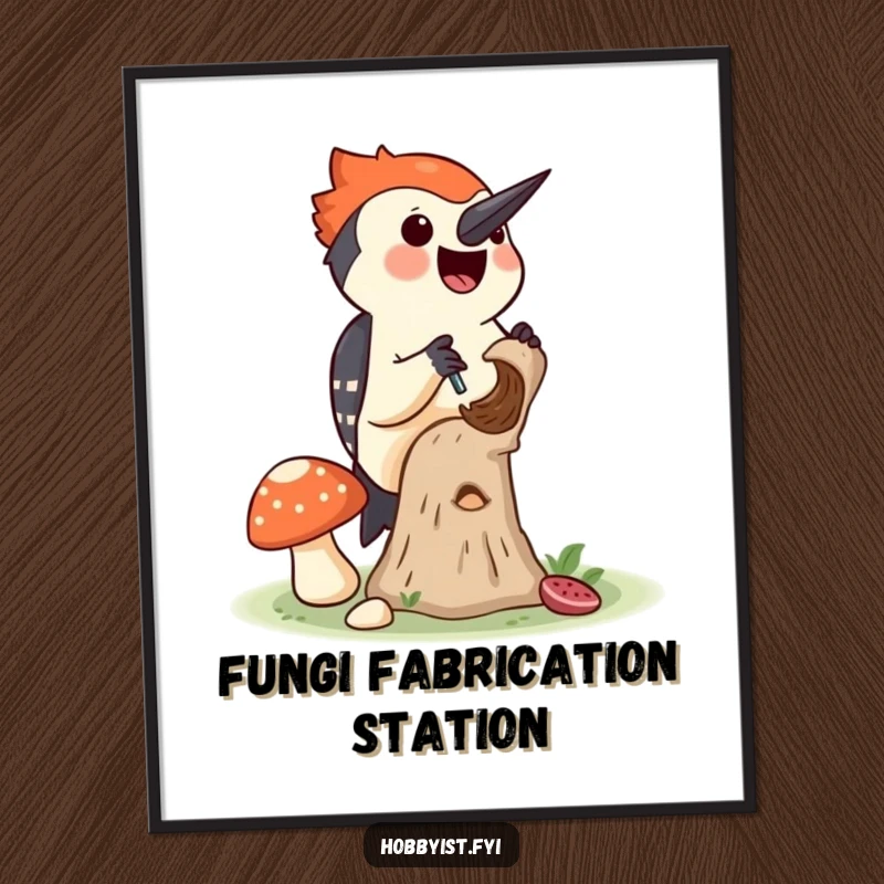 Funny poster print of a joyful woodpecker drilling a tiny hole into a mushroom, adding a touch of forest charm.