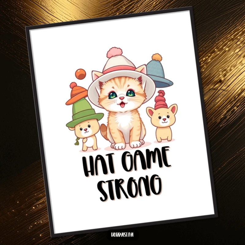 Funny poster print of a curious kitten trying on various oversized hats with evident delight, adding whimsical charm.