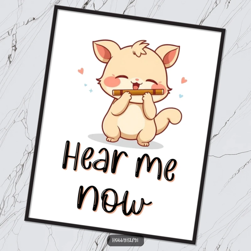 Funny Poster: A playful creature with a wagging tail enthusiastically plays a miniature flute, creating a lively and musical atmosphere.