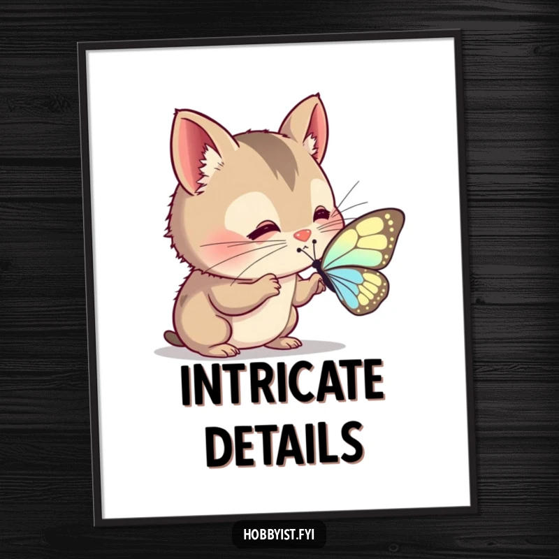 Funny Poster: A curious creature with twitching whiskers intently examines a delicate butterfly wing, creating a scene of gentle discovery.