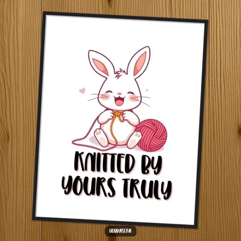 Funny Poster of a joyful rabbit enthusiastically knitting a colorful yarn ball, creating a charming piece of fiber art wall decor.