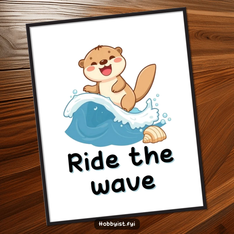 Funny Otter Poster depicts a giggling otter joyfully riding a miniature wave towards a seashell, bringing aquatic cheer.