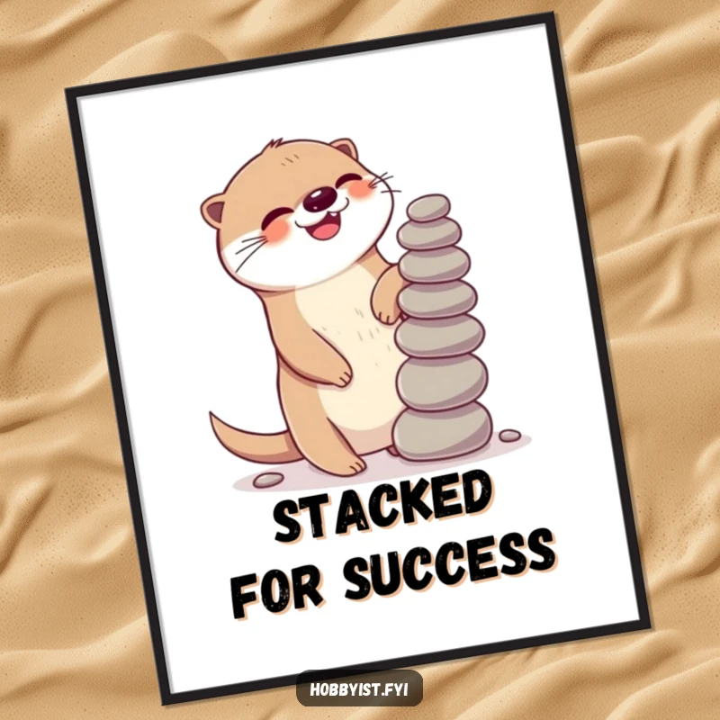 Funny Kawaii otter poster, featuring a giggling otter gleefully balancing a precarious stack of pebbles, adding playful art.