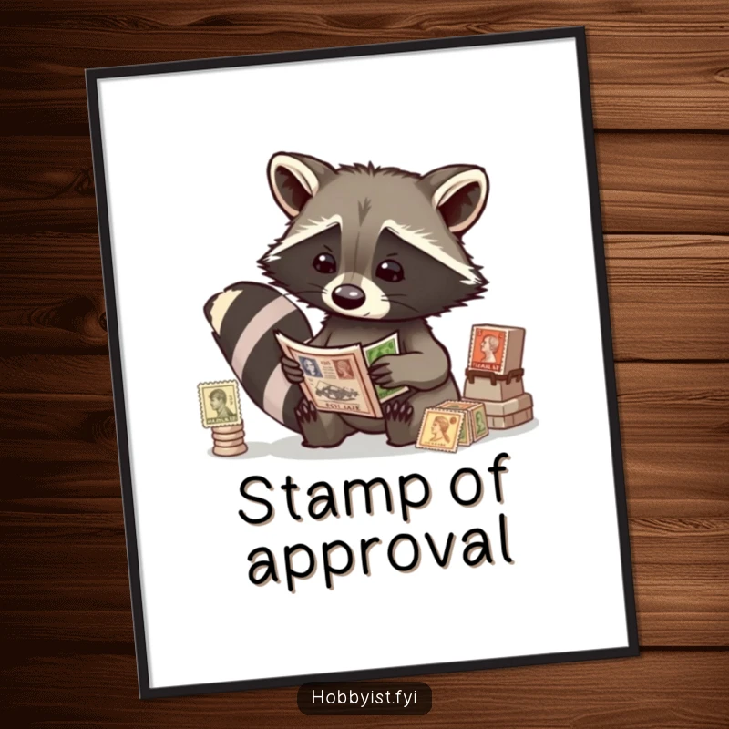 Funny raccoon curiously examining antique stamps, displayed as captivating wall art poster, enhancing any collector's room.